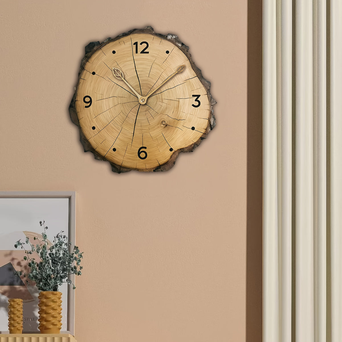 Horloge Murale Rustique Effet Tranche de Bois Naturel